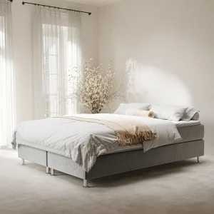 Boxspringbed met hoofdeinde van fluweelstof – Sub – matras en dekmatras – 200×200 cm – grijs Boxspringbed met hoofdeinde van fluweelstof – Sub – matras en dekmatras – 200×200 cm – grijs