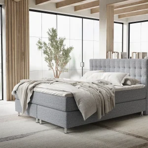 Boxspringbed met hoofdeinde van geweven stof – Sorrento – matras en dekmatras – 140×200 cm – grijs