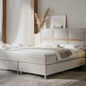 Boxspringbed met hoofdeinde van fluweelstof – Soto – matras en dekmatras – 140×200 cm – lichtbeige Boxspringbed met hoofdeinde van fluweelstof – Soto – matras en dekmatras – 140×200 cm – lichtbeige