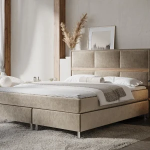 Boxspringbed met hoofdeinde van fluweelstof – Soto – matras en dekmatras – 180×200 cm – beige Boxspringbed met hoofdeinde van fluweelstof – Soto – matras en dekmatras – 180×200 cm – beige