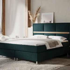 Boxspringbed met hoofdeinde van geweven stof – Soto – matras en dekmatras – 200×200 cm – groen