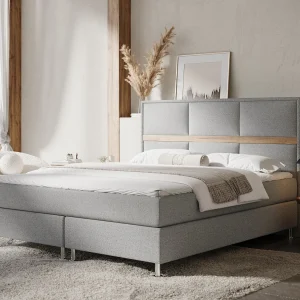 Boxspringbed met hoofdeinde van geweven stof – Soto – matras en dekmatras – 200×200 cm – lichtgrijs