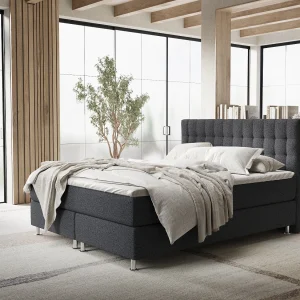 Boxspringbed met hoofdeinde van geweven stof – Sorrento – matras en dekmatras – 160×200 cm – zwart