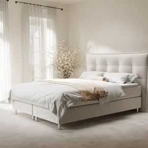 Boxspringbed met hoofdeinde van fluweelstof – Minori – matras en dekmatras – 140×200 cm – lichtbeige