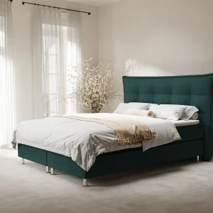 Boxspringbed met hoofdeinde van geweven stof – Minori – matras en dekmatras – 200×200 cm – groen