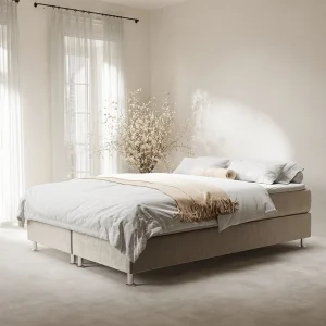Boxspringbed met hoofdeinde van fluweelstof – Sub – matras en dekmatras – 160×200 cm – beige Boxspringbed met hoofdeinde van fluweelstof – Sub – matras en dekmatras – 160×200 cm – beige