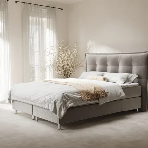 Boxspringbed met hoofdeinde van fluweelstof – Minori – matras en dekmatras – 160×200 cm – taupe