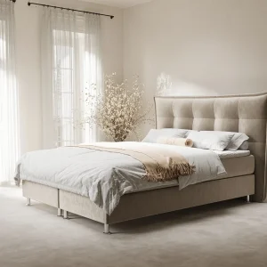 Boxspringbed met hoofdeinde van fluweelstof – Minori – matras en dekmatras – 180×200 cm – beige