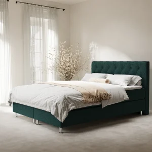 Boxspringbed met hoofdeinde van geweven stof – Otus – matras en dekmatras – 160×200 cm – groen Boxspringbed met hoofdeinde van geweven stof – Otus – matras en dekmatras – 160×200 cm – groen