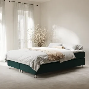 Boxspringbed met hoofdeinde van geweven stof – Sub – matras en dekmatras – 160×200 cm – groen
