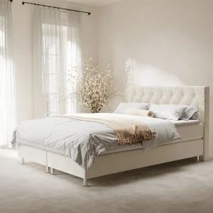 Boxspringbed met hoofdeinde van fluweelstof – Otus – matras en dekmatras – 200×200 cm – creme Boxspringbed met hoofdeinde van fluweelstof – Otus – matras en dekmatras – 200×200 cm – creme