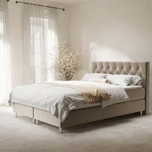 Boxspringbed met hoofdeinde van fluweelstof – Otus – matras en dekmatras – 160×200 cm – beige Boxspringbed met hoofdeinde van fluweelstof – Otus – matras en dekmatras – 160×200 cm – beige