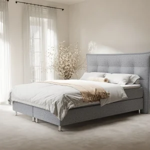 Boxspringbed met hoofdeinde van geweven stof – Minori – matras en dekmatras – 180×200 cm – grijs
