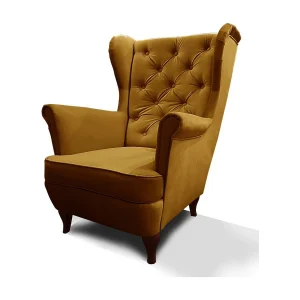 CHESTERFIELD-STOEL Falco geel met houten poten CHESTERFIELD-STOEL Falco geel met houten poten