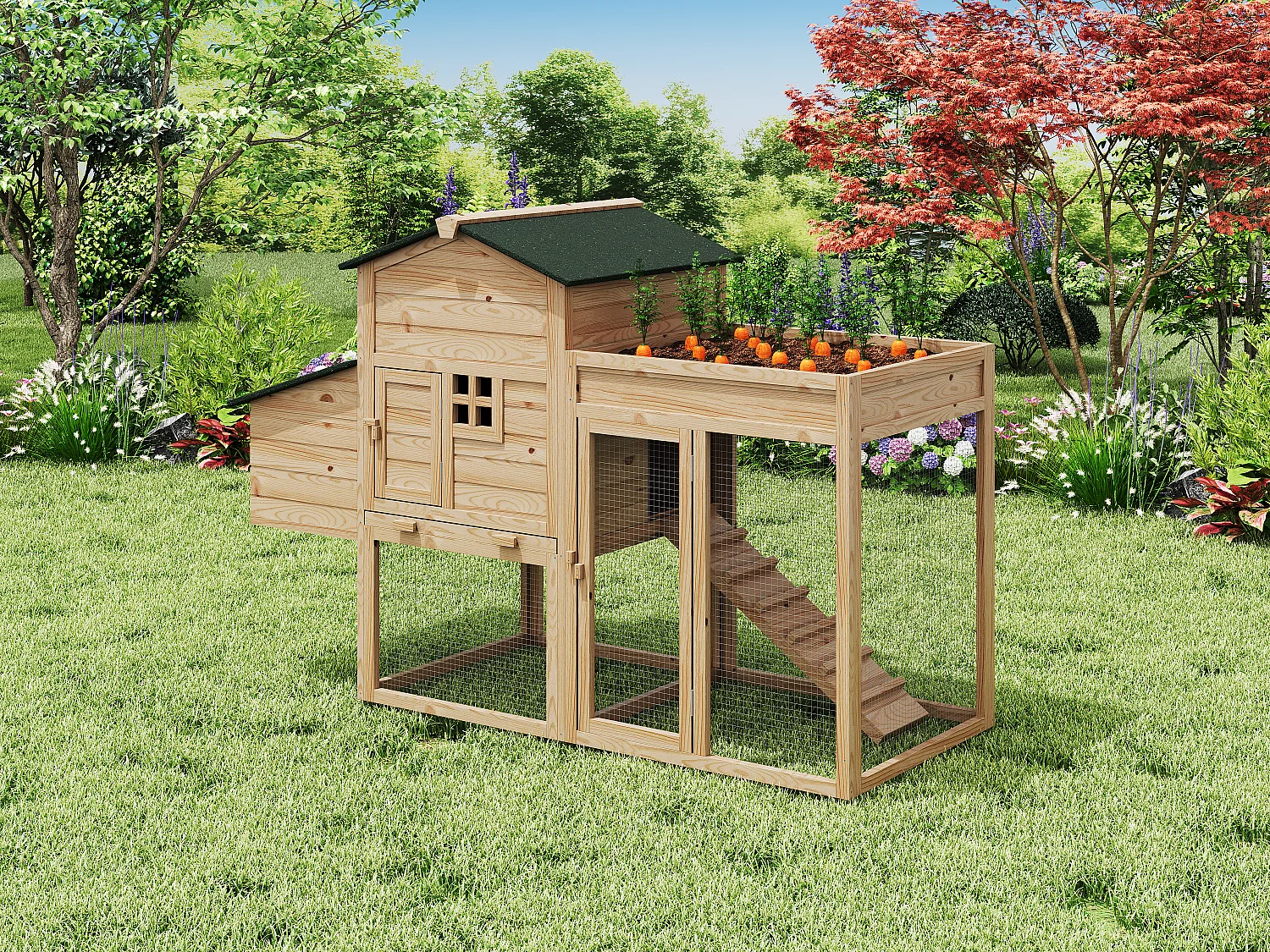 Kippenhok met omheining en moestuin - 4 kippen - H109 cm - Naturel - CAMPORA