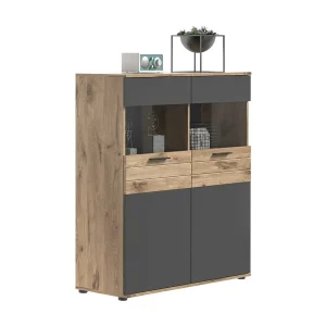 Buffetkast hoog met 2 glazen deuren – Antracietgrijs en licht eiken – SELMA Buffetkast hoog met 2 glazen deuren – Antracietgrijs en licht eiken – SELMA