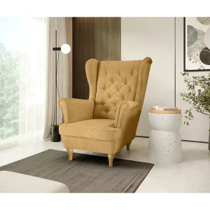 CHESTERFIELD-STOEL Falco geel met beukenhouten poten CHESTERFIELD-STOEL Falco geel met beukenhouten poten