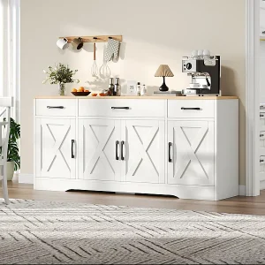 Buffet met 3 lades en 4 deuren – MDF – TV-meubel – Licht naturel en Wit – 160x37x75 cm Buffet met 3 lades en 4 deuren – MDF – TV-meubel – Licht naturel en Wit – 160x37x75 cm