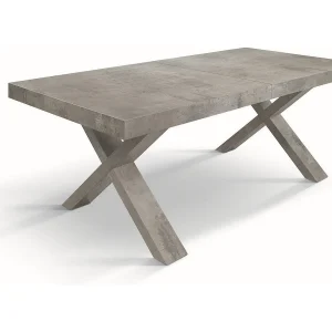 Cementgrijze houten tafel, X-vormige poten, 180×90-260x90cm – AMALFI Cementgrijze houten tafel, X-vormige poten, 180×90-260x90cm – AMALFI