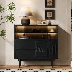 Buffet in MDF met LED – 1 deur, 2 lades en 2 open vakken – Zwart Buffet in MDF met LED – 1 deur, 2 lades en 2 open vakken – Zwart