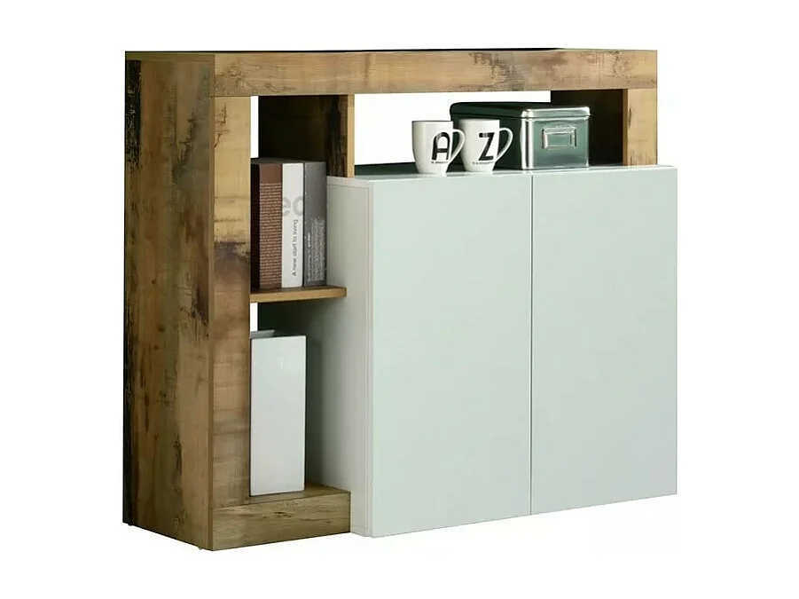 Buffet 2 deuren collectie BURA, kleur glanzend wit gelakt en licht eiken
