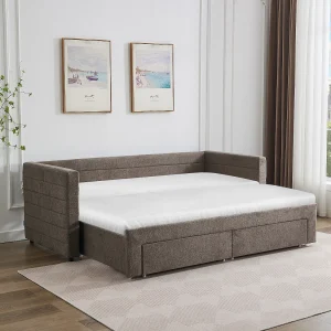 Bedbankje 2 x 80 x 200 cm met bedbodem met kamstructuur en lades van taupegrijze stof met textuur – CAMITY Bedbankje 2 x 80 x 200 cm met bedbodem met kamstructuur en lades van taupegrijze stof met textuur – CAMITY