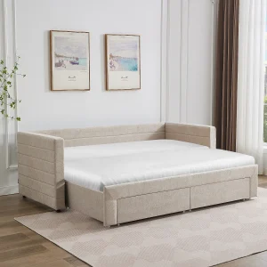 Bedbankje 2 x 80 x 200 cm met bedbodem met kamstructuur en lades van beige stof met textuur – CAMITY Bedbankje 2 x 80 x 200 cm met bedbodem met kamstructuur en lades van beige stof met textuur – CAMITY