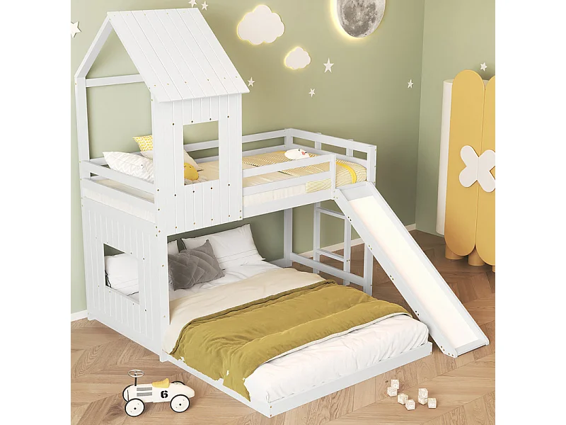 Bunkbed voor kinderhut met dia - 90x200cm en 140x200cm - FSC Certified Pine + MDF - Wit