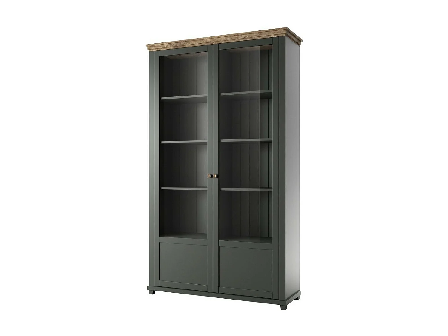 Breed vitrinekast met 2 deuren en geïntegreerde LED uit de ASSIA collectie. Kleur groen en eiken.