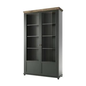 Brede vitrinekast met 2 deuren uit de ASSIA collectie. Kleur groen en eiken. Brede vitrinekast met 2 deuren uit de ASSIA collectie. Kleur groen en eiken.