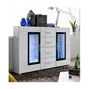 Buffet KRONI met LED-verlichting – 4 Laden en 2 Glazen Deuren – Mat en Glanzend Wit – 150 x 82 x 40 cm Buffet KRONI met LED-verlichting – 4 Laden en 2 Glazen Deuren – Mat en Glanzend Wit – 150 x 82 x 40 cm