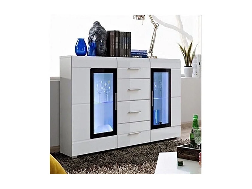 Buffet KRONI met LED-verlichting - 4 Laden en 2 Glazen Deuren - Mat en Glanzend Wit - 150 x 82 x 40 cm