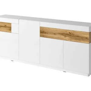 Buffet, dressoir, sideboard KILES met drie deuren, twee laden. Kleur wit en eiken. Design stijl.