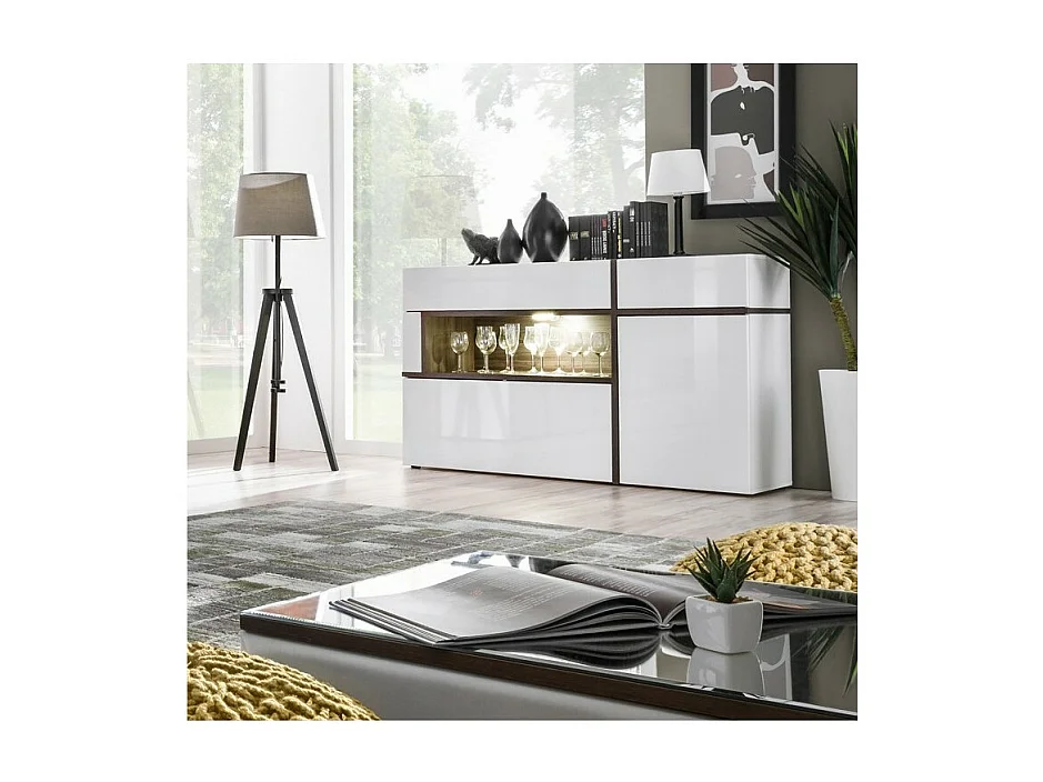 Buffet 2 deuren 2 laden CRISS met LED - Hoogglans wit en hout - Modern design