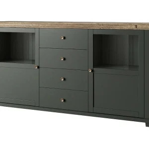 Buffet 180cm met ingebouwde LED-verlichting uit de ASSIA-collectie. Kleur groen en eiken. 2 deuren en 4 laden. Buffet 180cm met ingebouwde LED-verlichting uit de ASSIA-collectie. Kleur groen en eiken. 2 deuren en 4 laden.