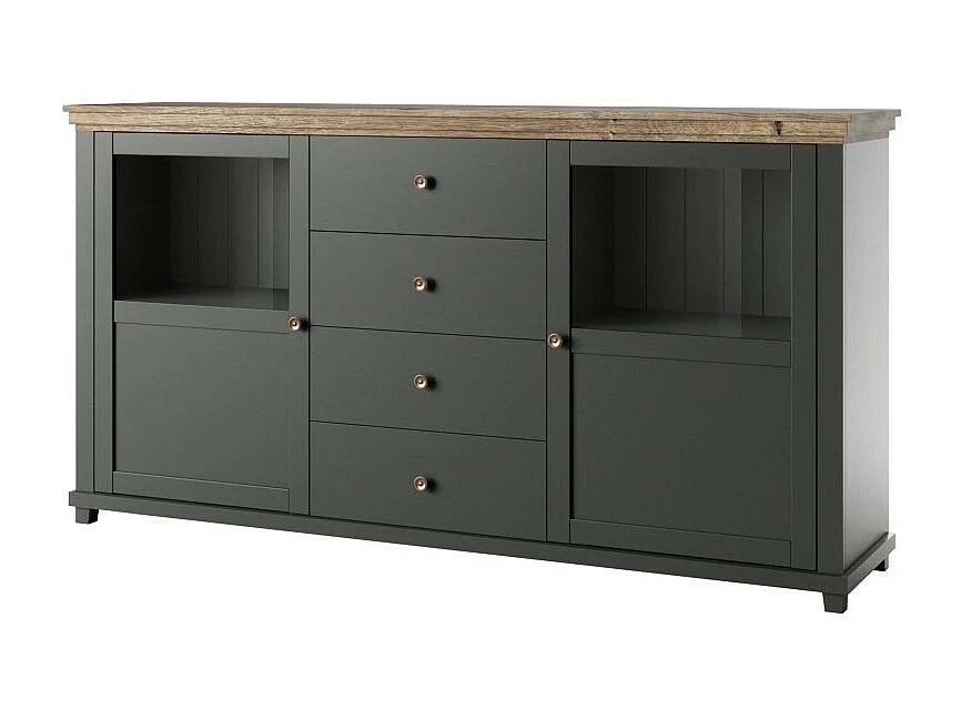 Buffet 180cm met ingebouwde LED-verlichting uit de ASSIA-collectie. Kleur groen en eiken. 2 deuren en 4 laden.