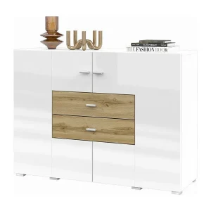 Buffet klein model 120cm collectie KOBEE met 2 deuren en 2 lades. Kleur wit en eiken. Buffet klein model 120cm collectie KOBEE met 2 deuren en 2 lades. Kleur wit en eiken.