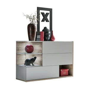 Buffet, dressoir, sideboard KLIS met drie deuren en drie nissen. Kleur parelgrijs en eiken. Design stijl. Buffet, dressoir, sideboard KLIS met drie deuren en drie nissen. Kleur parelgrijs en eiken. Design stijl.