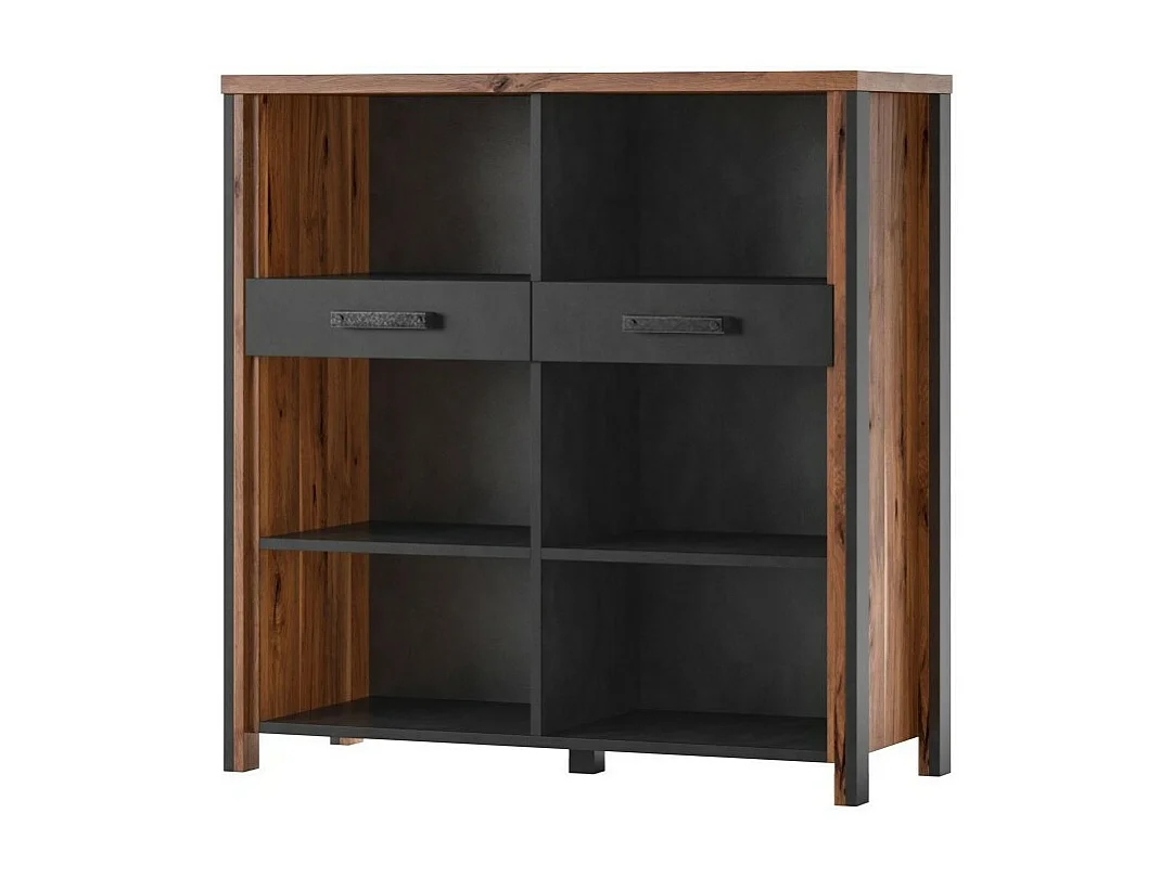 Buffet open WINDSOR - Donker eiken en antracietgrijs - 6 vakken, 2 laden - 106.9 x 110.2 x 44 cm