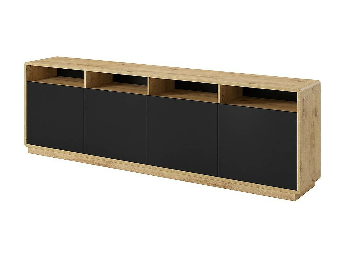 Buffet XL 240cm collectie VILLA. Kleur eiken en zwart. 4 deuren en 4 verlichte nissen.