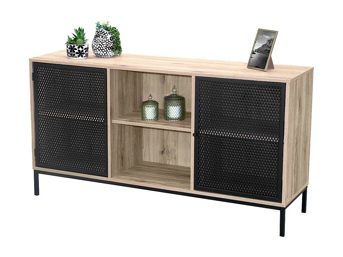 Buffet 2 deuren met zwart metalen traliewerk – Kleur licht eiken, afmetingen 100x40xH75 cm – Collectie METALIX