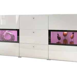 Buffet RAMOS – Kleur glanzend wit en zwart – Ingebouwde multicolor LED's – 2 glazen deuren + 3 laden Buffet RAMOS – Kleur glanzend wit en zwart – Ingebouwde multicolor LED's – 2 glazen deuren + 3 laden