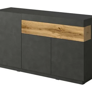 Buffet, dressoir, enfilade KILES met drie deuren en een lade. Kleur antracietgrijs en eiken. Designstijl