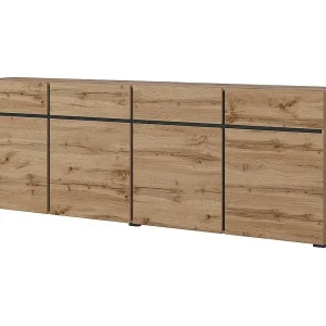 Buffet XL kleur eiken en zwart 225cm collectie HAVANA. Dressoir design met 4 deuren en 4 laden.
