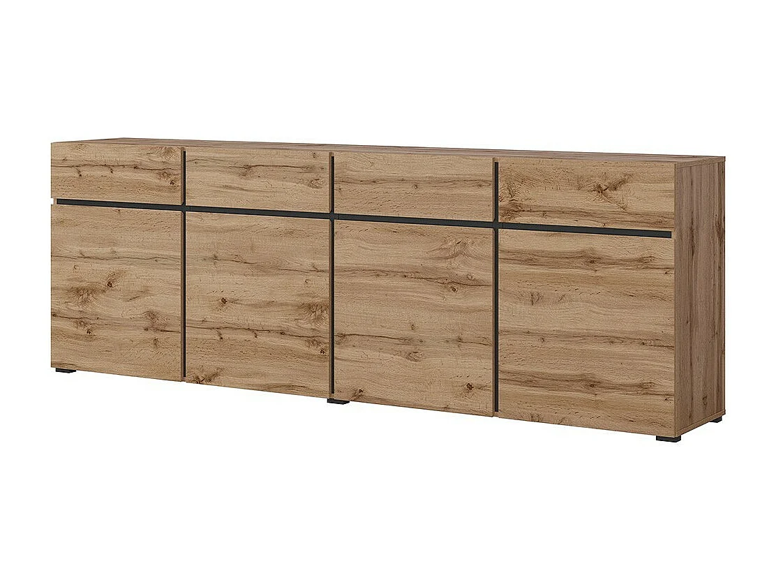 Buffet XL kleur eiken en zwart 225cm collectie HAVANA. Dressoir design met 4 deuren en 4 laden.