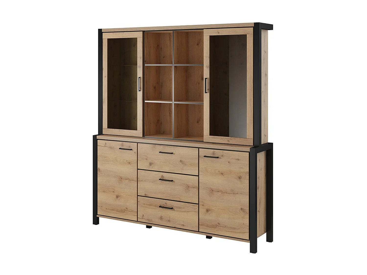 Buffet- en hutchset met LED-verlichting uit de BOWIE-collectie. Meubelstuk met 4 deuren, 3 laden. Kleur eiken en zwart.