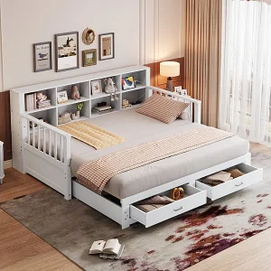 Canapé-lit in massief hout 90/180×190 cm – met opladingsmogelijkheid – met opbergruimte – met 2 lades – matrasframe met spijlen – wit (matras niet inbegrepen)