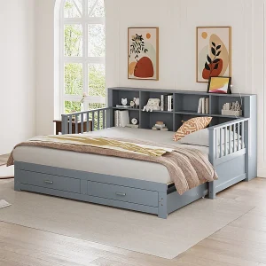 Canapé-lit in massief hout 90/180×190 cm – met opladingsmogelijkheid – met opbergruimte – met 2 lades – matrasframe met spijlen – grijs (matras niet inbegrepen)