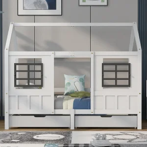 Kajuitbed 90 x 200 cm met 2 lades en 2 ramen – Dennenhout en MDF – Leuningen en lattenbodem – wit Kajuitbed 90 x 200 cm met 2 lades en 2 ramen – Dennenhout en MDF – Leuningen en lattenbodem – wit
