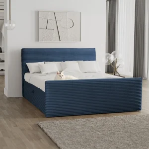 Boxspringbed met bedstee en topper TRENTO stof pluche corduroy 120×200 cm donkerblauw H3-Bonell